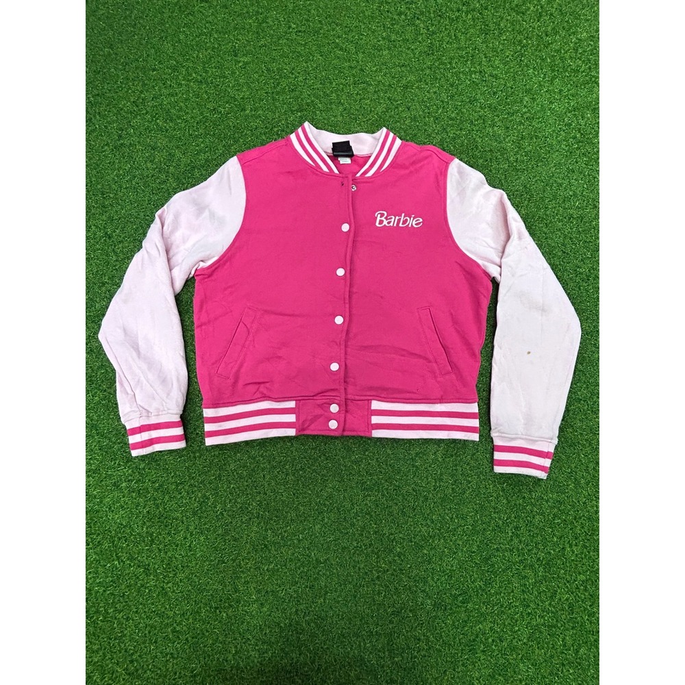Barbie Pink Varsity Letterman Jacket Snap Front Graphic Back Logo Womens Medium